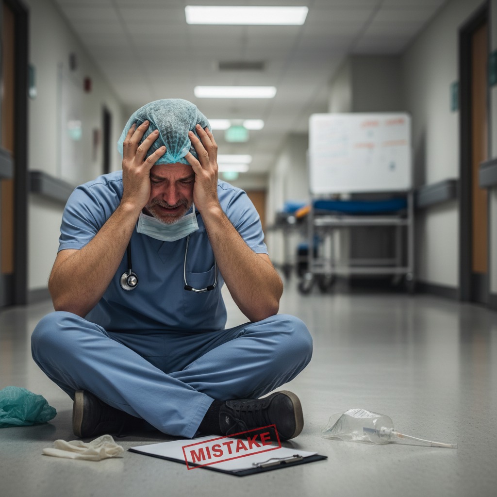 Un medico seduto sul pavimento di un corridoio d'ospedale si tiene la testa tra le mani con espressione disperata accanto a una cartella clinica con il timbro "MISTAKE".