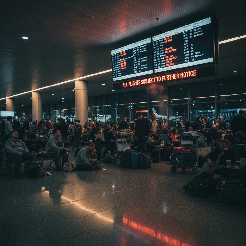 Passeggeri in attesa in un terminal aeroportuale sotto un tabellone luminoso che annuncia la sospensione dei voli.
