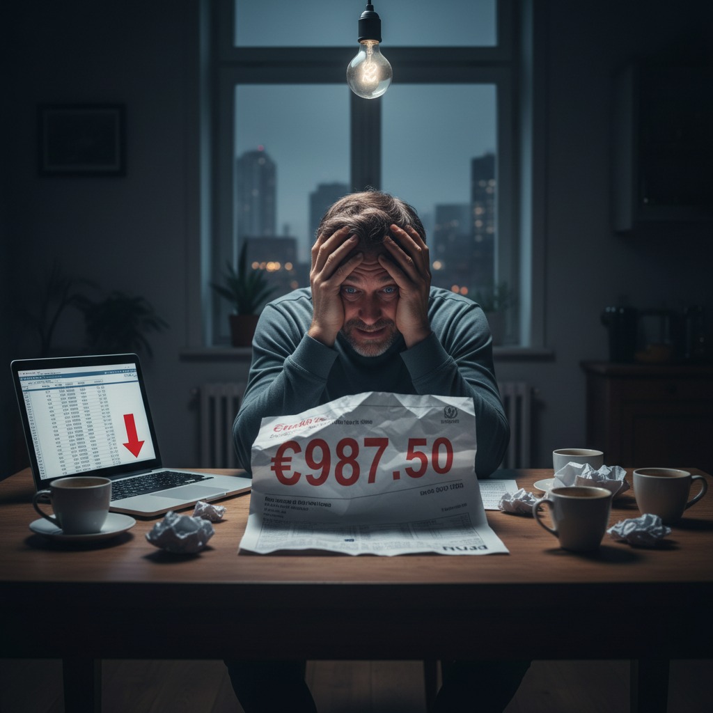 Un uomo dall'aspetto preoccupato siede a una scrivania di notte davanti a un foglio con la scritta 987,50 euro e un computer che mostra un grafico in calo.