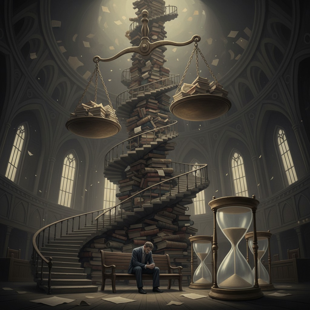 Un uomo seduto su una panchina in una biblioteca circolare osserva una grande bilancia sospesa sopra una scala a chiocciola fatta di libri, circondato da clessidre.