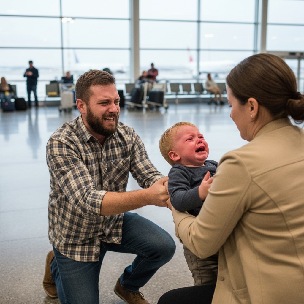 Un padre e una madre cercano di consolare il loro bambino che piange disperatamente in un terminal aeroportuale.