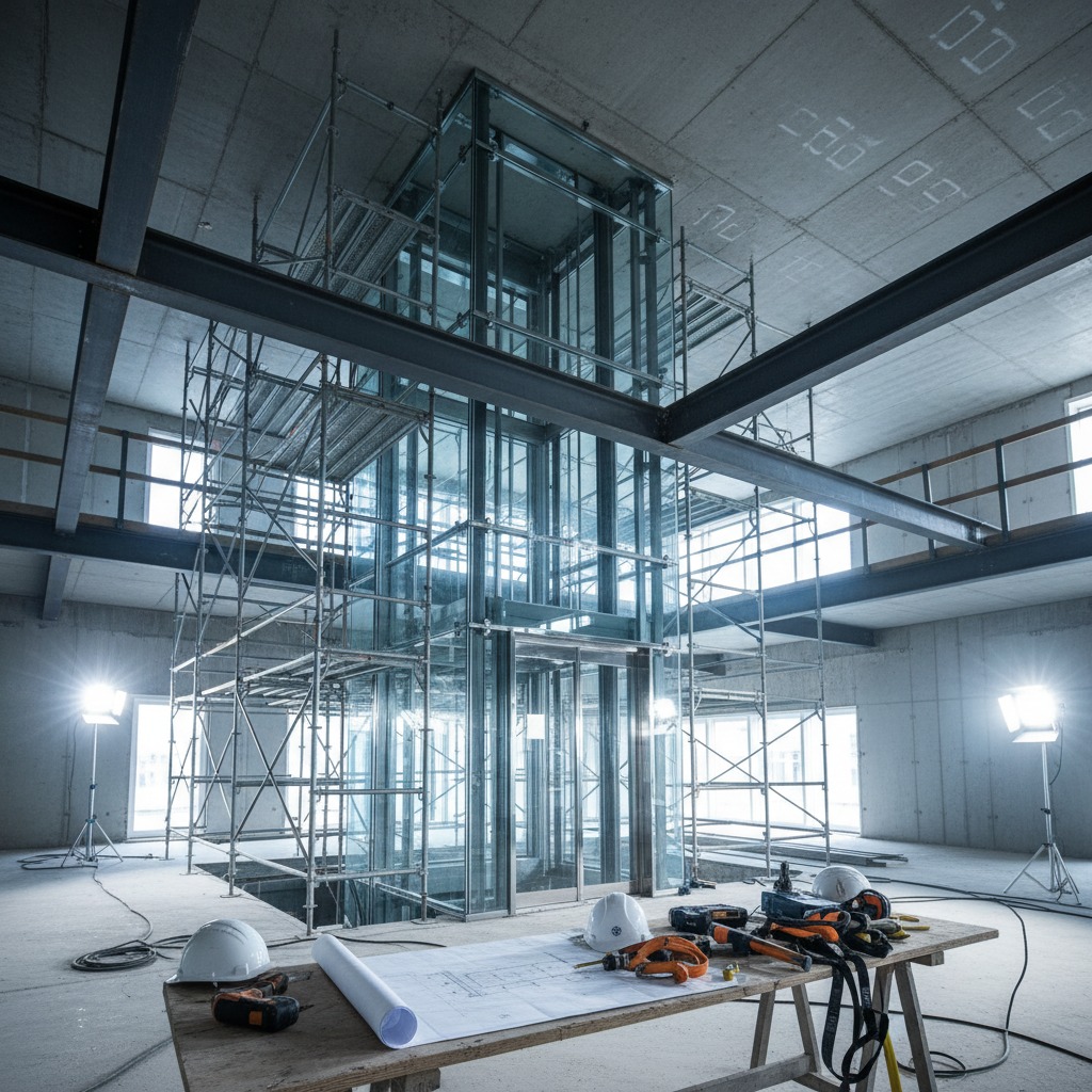 Un ascensore in vetro circondato da impalcature in un cantiere edile con un tavolo da lavoro in primo piano.