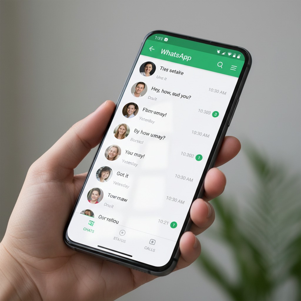 Una mano tiene uno smartphone che mostra l'interfaccia dell'applicazione di messaggistica WhatsApp.