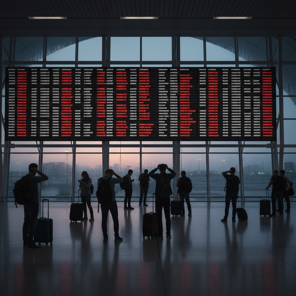 Viaggiatori in silhouette osservano un grande tabellone luminoso con gli orari dei voli all'interno di un aeroporto.