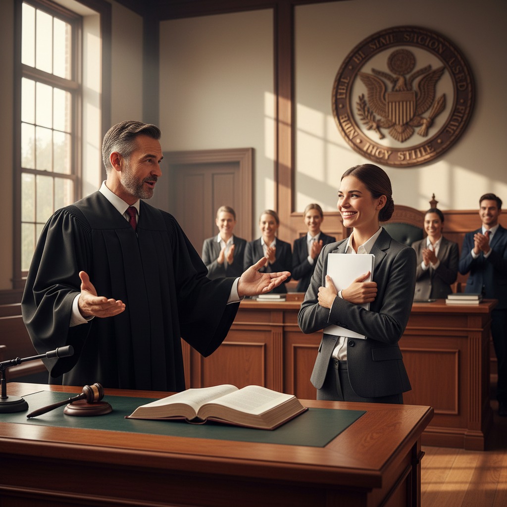 image Un giudice in toga parla con una giovane avvocatessa sorridente in un'aula di tribunale, mentre altre persone sullo sfondo applaudono.