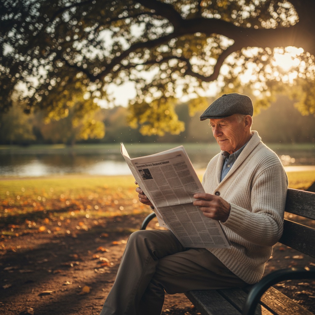 Un uomo anziano con un berretto e un cardigan beige legge un giornale seduto su una panchina in un parco durante il tramonto.