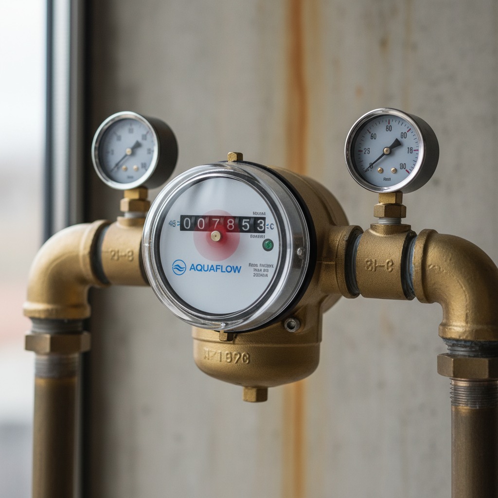 Contatore dell'acqua in ottone con due manometri installato su una tubazione.